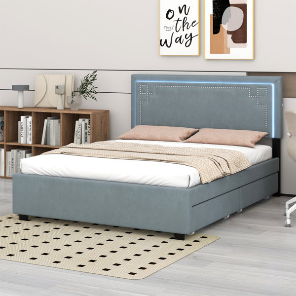 Mercer41 Upholstered Platform Bed With RivetDecorated Headboard, LED